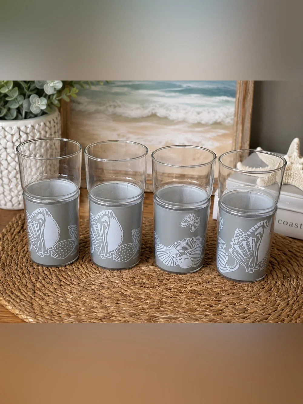 Vintage Kraftware Seashell Tumblers Set of 4 Gray Coastal Nautical MCM Barware